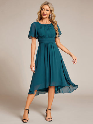 Short Sleeve Ruffle Pleated Round Neck A-Line High-Low Wedding Guest Dresses