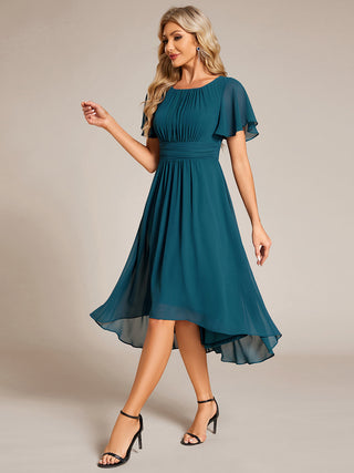 Short Sleeve Ruffle Pleated Round Neck A-Line High-Low Wedding Guest Dresses