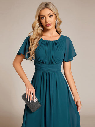 Short Sleeve Ruffle Pleated Round Neck A-Line High-Low Wedding Guest Dresses