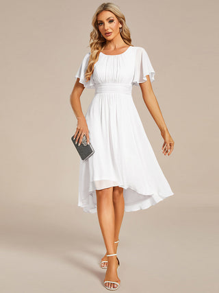 Short Sleeve Ruffle Pleated Round Neck A-Line High-Low Wedding Guest Dresses