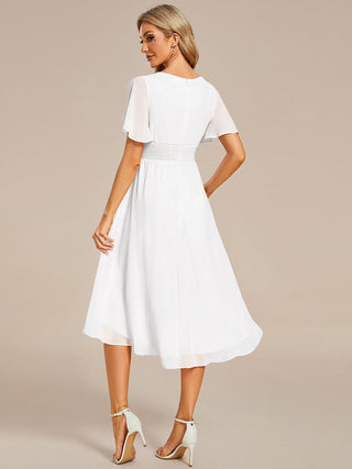 Short Sleeve Ruffle Pleated Round Neck A-Line High-Low Wedding Guest Dresses