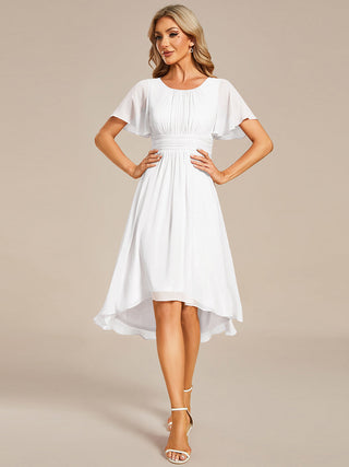 Short Sleeve Ruffle Pleated Round Neck A-Line High-Low Wedding Guest Dresses