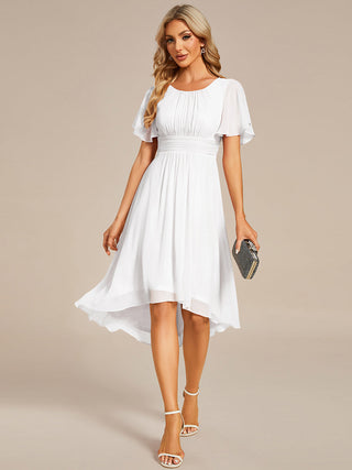 Short Sleeve Ruffle Pleated Round Neck A-Line High-Low Wedding Guest Dresses