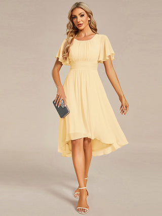 Short Sleeve Ruffle Pleated Round Neck A-Line High-Low Wedding Guest Dresses