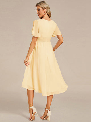 Short Sleeve Ruffle Pleated Round Neck A-Line High-Low Wedding Guest Dresses