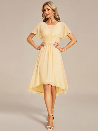 Short Sleeve Ruffle Pleated Round Neck A-Line High-Low Wedding Guest Dresses