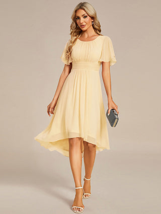Short Sleeve Ruffle Pleated Round Neck A-Line High-Low Wedding Guest Dresses