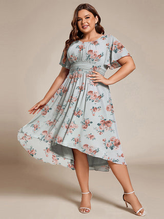 Short Sleeve Ruffle Pleated Round Neck A-Line High-Low Wedding Guest Dresses