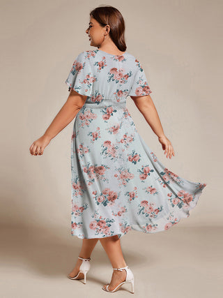 Short Sleeve Ruffle Pleated Round Neck A-Line High-Low Wedding Guest Dresses