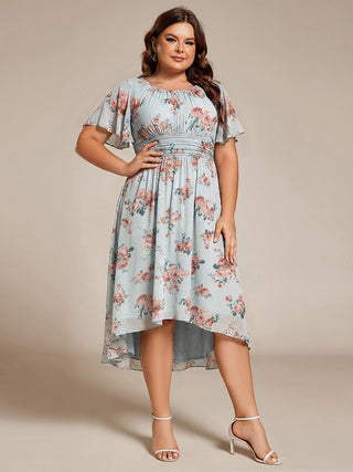 Short Sleeve Ruffle Pleated Round Neck A-Line High-Low Wedding Guest Dresses