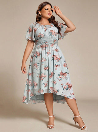 Short Sleeve Ruffle Pleated Round Neck A-Line High-Low Wedding Guest Dresses