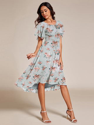 Short Sleeve Ruffle Pleated Round Neck A-Line High-Low Wedding Guest Dresses