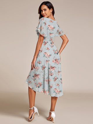 Short Sleeve Ruffle Pleated Round Neck A-Line High-Low Wedding Guest Dresses