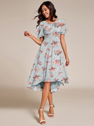 Short Sleeve Ruffle Pleated Round Neck A-Line High-Low Wedding Guest Dresses