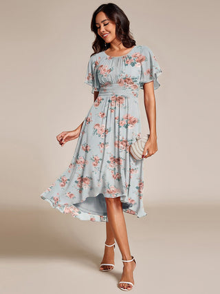 Short Sleeve Ruffle Pleated Round Neck A-Line High-Low Wedding Guest Dresses