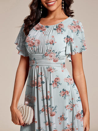 Short Sleeve Ruffle Pleated Round Neck A-Line High-Low Wedding Guest Dresses