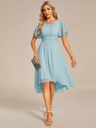 Short Sleeve Ruffle Pleated Round Neck A-Line High-Low Wedding Guest Dresses