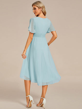 Short Sleeve Ruffle Pleated Round Neck A-Line High-Low Wedding Guest Dresses