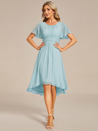 Short Sleeve Ruffle Pleated Round Neck A-Line High-Low Wedding Guest Dresses