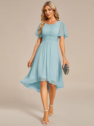 Short Sleeve Ruffle Pleated Round Neck A-Line High-Low Wedding Guest Dresses