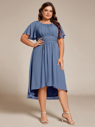 Short Sleeve Ruffle Pleated Round Neck A-Line High-Low Wedding Guest Dresses