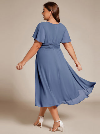 Short Sleeve Ruffle Pleated Round Neck A-Line High-Low Wedding Guest Dresses