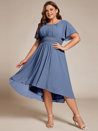 Short Sleeve Ruffle Pleated Round Neck A-Line High-Low Wedding Guest Dresses