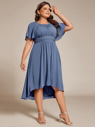 Short Sleeve Ruffle Pleated Round Neck A-Line High-Low Wedding Guest Dresses