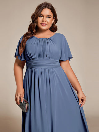 Short Sleeve Ruffle Pleated Round Neck A-Line High-Low Wedding Guest Dresses