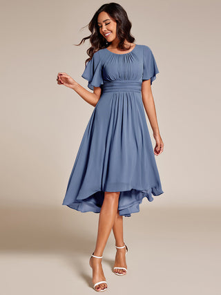 Short Sleeve Ruffle Pleated Round Neck A-Line High-Low Wedding Guest Dresses
