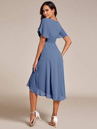 Short Sleeve Ruffle Pleated Round Neck A-Line High-Low Wedding Guest Dresses
