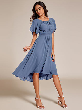 Short Sleeve Ruffle Pleated Round Neck A-Line High-Low Wedding Guest Dresses