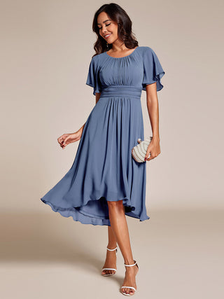 Short Sleeve Ruffle Pleated Round Neck A-Line High-Low Wedding Guest Dresses