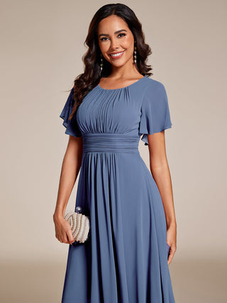Short Sleeve Ruffle Pleated Round Neck A-Line High-Low Wedding Guest Dresses