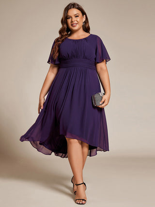 Short Sleeve Ruffle Pleated Round Neck A-Line High-Low Wedding Guest Dresses