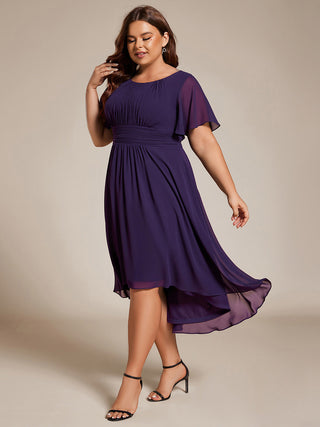 Short Sleeve Ruffle Pleated Round Neck A-Line High-Low Wedding Guest Dresses