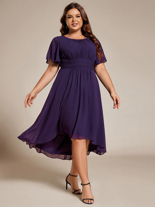 Short Sleeve Ruffle Pleated Round Neck A-Line High-Low Wedding Guest Dresses