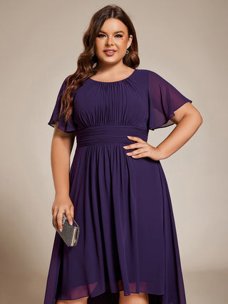 Short Sleeve Ruffle Pleated Round Neck A-Line High-Low Wedding Guest Dresses