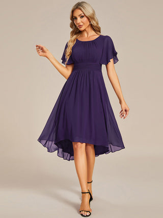 Short Sleeve Ruffle Pleated Round Neck A-Line High-Low Wedding Guest Dresses