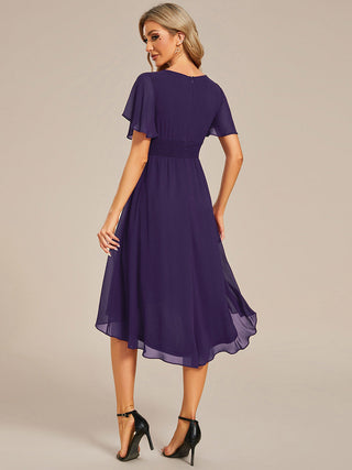 Short Sleeve Ruffle Pleated Round Neck A-Line High-Low Wedding Guest Dresses