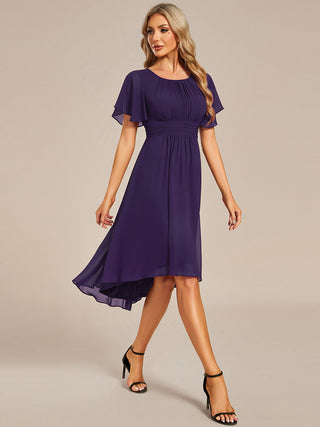 Short Sleeve Ruffle Pleated Round Neck A-Line High-Low Wedding Guest Dresses