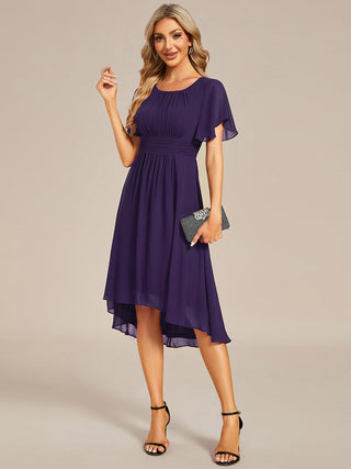 Short Sleeve Ruffle Pleated Round Neck A-Line High-Low Wedding Guest Dresses