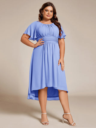 Short Sleeve Ruffle Pleated Round Neck A-Line High-Low Wedding Guest Dresses