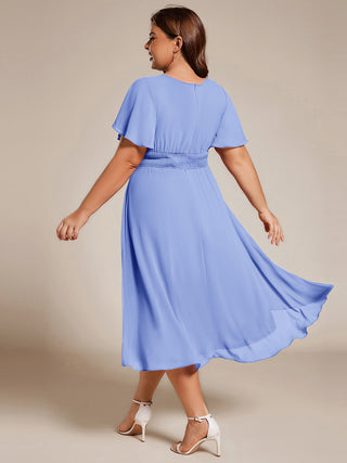 Short Sleeve Ruffle Pleated Round Neck A-Line High-Low Wedding Guest Dresses