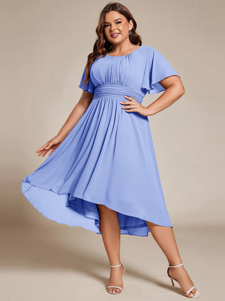 Short Sleeve Ruffle Pleated Round Neck A-Line High-Low Wedding Guest Dresses