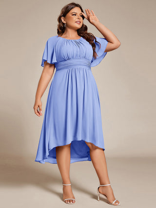 Short Sleeve Ruffle Pleated Round Neck A-Line High-Low Wedding Guest Dresses