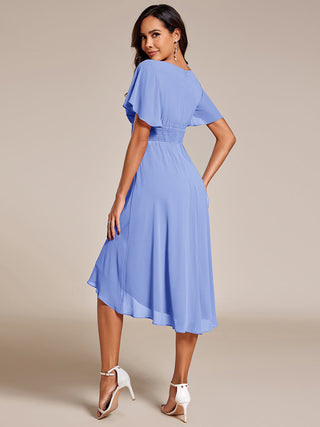 Short Sleeve Ruffle Pleated Round Neck A-Line High-Low Wedding Guest Dresses
