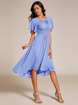 Short Sleeve Ruffle Pleated Round Neck A-Line High-Low Wedding Guest Dresses