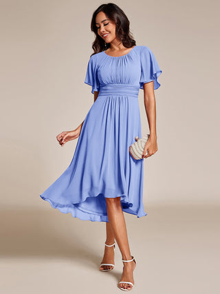 Short Sleeve Ruffle Pleated Round Neck A-Line High-Low Wedding Guest Dresses