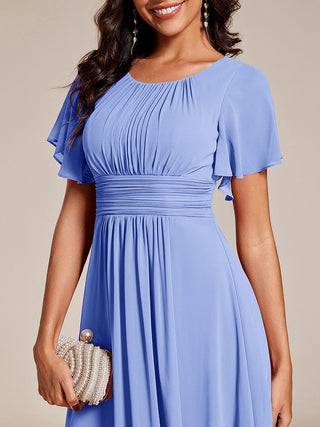 Short Sleeve Ruffle Pleated Round Neck A-Line High-Low Wedding Guest Dresses